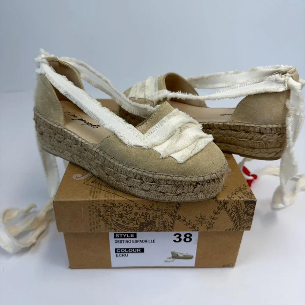 Free People Destino Espadrille Platform Lace Up Shoes Ecru Suede Womens 38